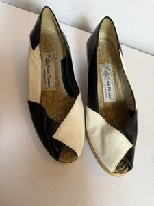 Evan Picone Leather Open Toe Wedge Style Shoes Made In Spain 5.5 Black/ White - Picture 1 of 6