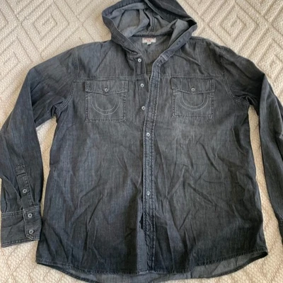 True Religion Black Denim  Hooded Button Down Shirt Flap Pocket Mens Size 3XL - Image 1 of 4