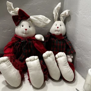 Vintage Christmas Bunnies Pair Of 2 Red Velvet Plaid Classic 1980’s 21” - Picture 1 of 16
