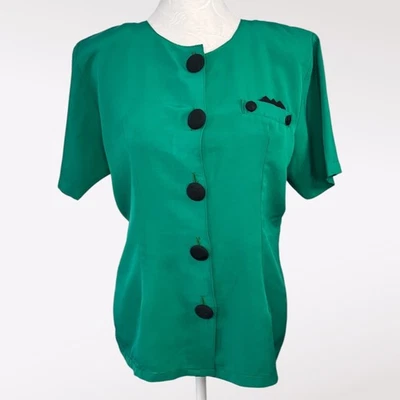 Vintage 80s Green Button Up Blouse Black Buttons Retro Short Sleeve Medium - Image 1 of 4
