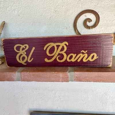 Hand Painted Spanish El Baño Wood Sign Vintage Rustic Bathroom Mexican Western - Image 1 of 4