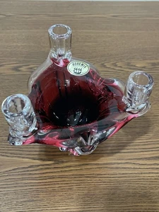 Vintage Bohemia Cranberry Art Glass Bowl Candle Holder - Picture 1 of 11