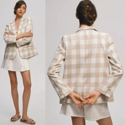 Blazer Maeve Anthropologie Guinga Blanco Avena Cuadros Talla Grande Preppy Academia Foto 1 de 4