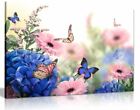 Pink Blue Flowers Butterflies Canvas Wall Art Picture Print