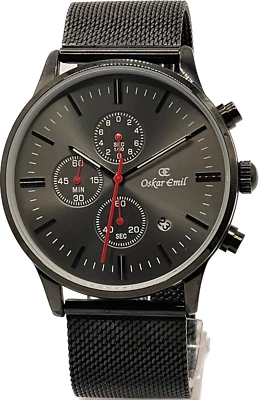 Relógio masculino Oskar Emil ARUBA qualidade cronógrafo aço inoxidável malha - Preto - Imagem 1 de 3