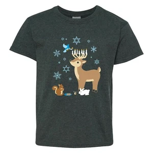 Woodland Winter Hanukkah - Cute Animals Cartoon Holiday Youth T Shirt - Picture 1 of 24
