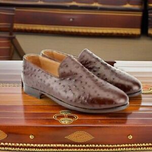 Mens Handmade Brown Ostrich Textured Leather Dress Shoes Formal Loafers For Men
