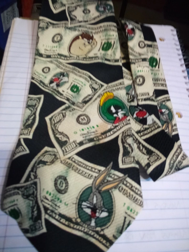 Corbata vintage de dibujos animados Money Taz, Bugs, Marvin Warner Brothers Looney Tunes 1998 Foto 1 de 4
