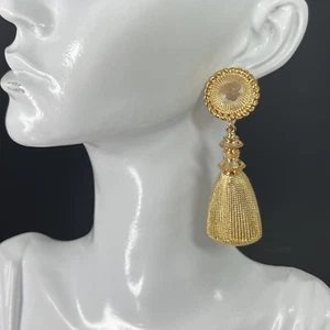 Gold Tone Tassel Earrings Clip On Dangle Drop Ornate Retro Statement - Picture 1 of 6