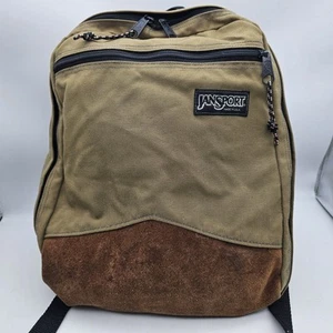 Vintage Jansport Leather Suede Bottom Backpack Bag Pack Khaki Unique Rare USA - Picture 1 of 8