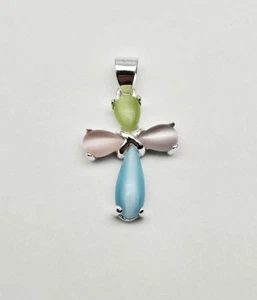 Sterling Silver Multi-colored Chrysoberyl Gemstone Petite Cross Pendant - 1.8g - Picture 1 of 3