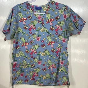 Scrub Top womens size S Small by Carol’s Scrubs Spring Frogs Flowers Mushrooms - Picture 1 of 4