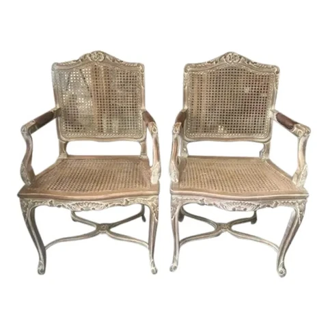 Pair of French Style Dining Chairs Wicker Seats and Back Cover