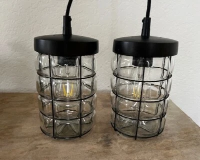 2 West Elm Blown Glass Wire Cage Pendant Light Fixtures / Chandeliers - Image 1 of 2