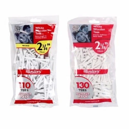 MASTERS WHITE WOOD GOLF TEES PACK. 110 TEES 70MM OR 130 TEES 54MM - Image 1 of 1