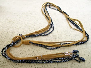 CHICO'S DARK CRYSTAL GLASS & LEATHER TASSEL NECKLACE HIGH END DESIGNER JEWELRY - Picture 1 of 9