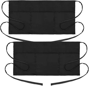 2 Pack Waist Apron with 3 Pockets - Water & Oil Resistant - Black Waitress Apron - Picture 1 of 12