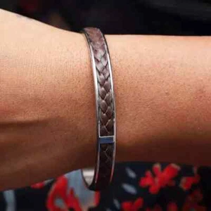 QVC Stainless Steel Braided Leather Slip-on Bangle Pre-owned Jewelry - Picture 1 of 7