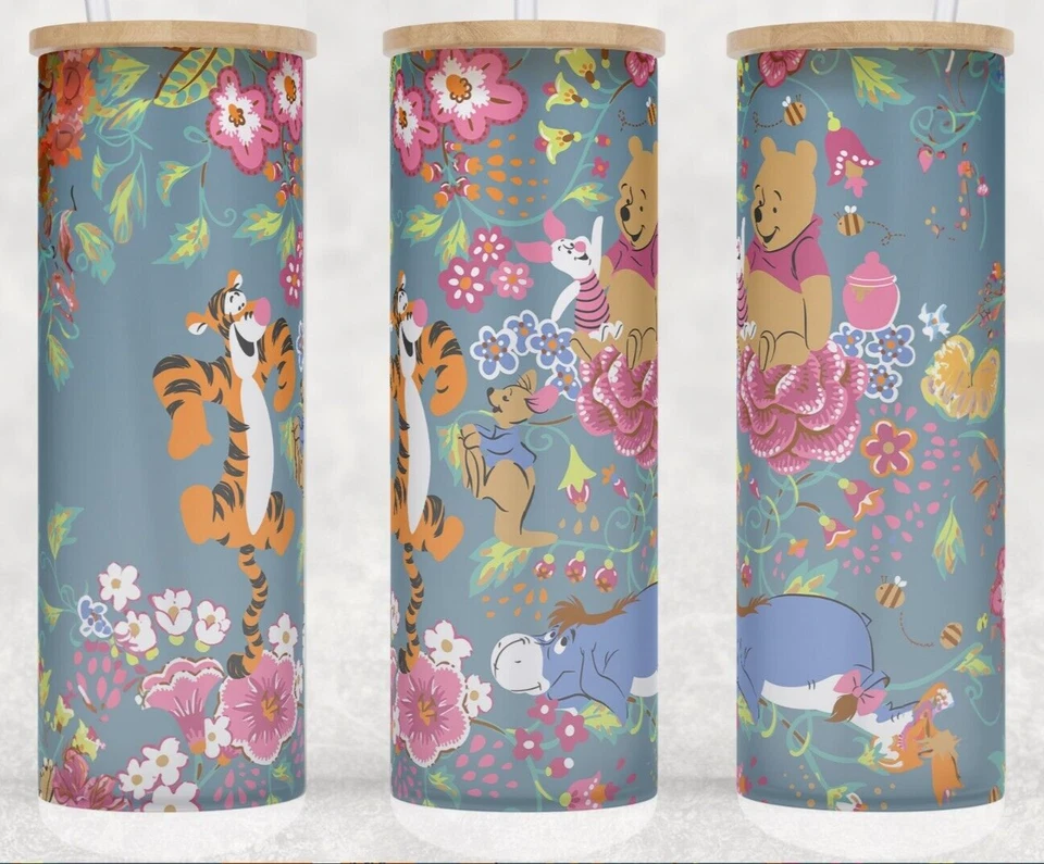 Taza vaso de vidrio esmerilado Winnie Pooh floral azul 25 oz Foto 1 de 1