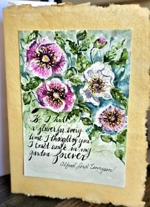 Watercolor Original Art Card 'Poppies' W/Saying On Burnt Parchment Paper W/Env  - Picture 1 of 7