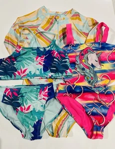 Girls Used Lot Of 3 Medium 7/8 Swimsuit One Piece Longsleeve Bikini Swimwear - Picture 1 of 16