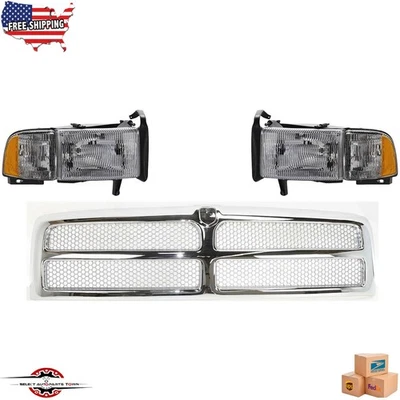 Fits 1994-2002 Dodge Ram 1500 2500 3500 Front Chrome Grille + Headlights Set 3PC - Image 1 of 4