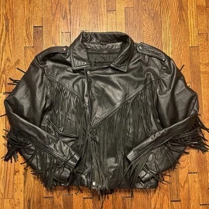 Chaqueta de Motociclista Berman’s Vintage Cuero con Flecos Talla Mediana Cuero Negro Usada - Imagen 1 de 9