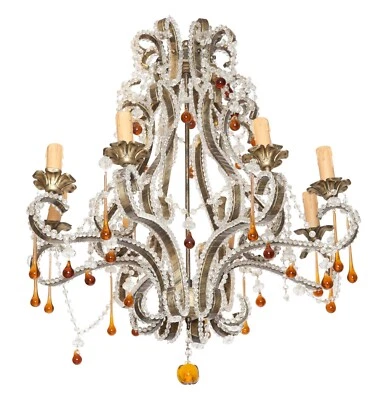 Araña francesa estilo Luis XVI bronce con cuentas cristal y vidrio ámbar Foto 1 de 4