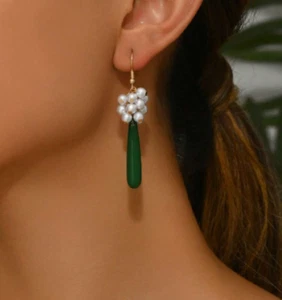 Long Dark Green White Pearl Earrings Drop Dangle Wedding Bridal Prom Pageant New - Picture 1 of 8