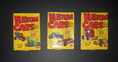 (3) 1975 KUSTOM CARS STICKERS (1ST SERIES) WAX PACKS FLEER *3 WRAPPER VARIATIONS - Image 1 of 2