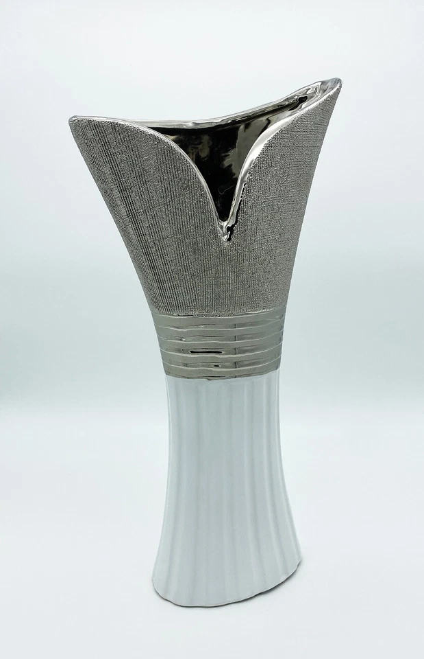 Hochwertige Vase 40 cm Weiß/Silber modern Dekovase Keramik Dekoration Blumenvase - Bild 1 von 1