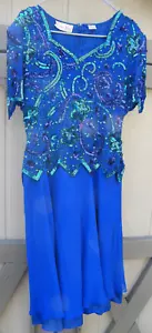 LAURENCE KAZAR New York Silk Dress Blue Green Sequins Great dance dress Size L - Picture 1 of 7