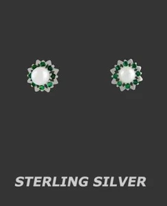 GENUINE PEARLS & EMERALDS STUD EARRINGS .925 SILVER - Screw Backs - NWT - Picture 1 of 4