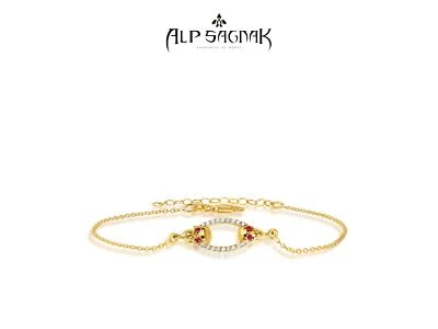 Alp Sagnak 14 K Yellow Gold Skull Bracelet Diamonds Rubies - Image 1 of 4