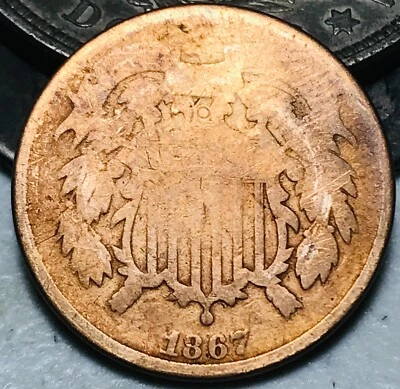 1867 Two Cent Piece 2C Ungraded Post Civil War Date US Copper Coin CC24787 - Image 1 of 2