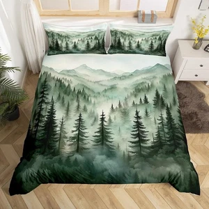 Smoky Mountain Bedding Set Queen,Nature Forest Green Comforter Cover Rustic W... - Picture 1 of 5