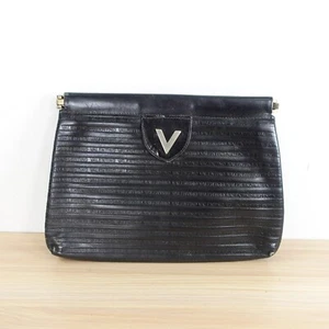 Vintage VALENTINO Bag Black Leather Purse Clutch Pouch Logo V Retro Old Mario - Picture 1 of 12