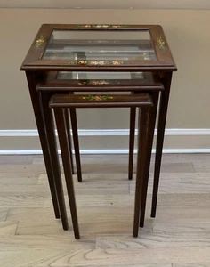 Set of 3 Japanese Style Dark Brown Wood and Glass Nesting Tables Peter Engel NY - Picture 1 of 9