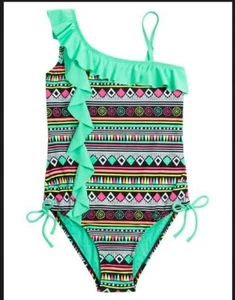 JUSTICE Girls AZTEC Green/Black/White/Pink One Piece Swimsuit Sz 12 - Picture 1 of 1