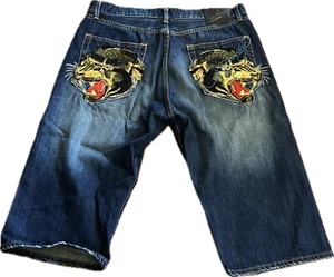 VTG Ed Hardy Blue Puma Stitched Pocket Embroidery Denim Long Shorts Men 38 Baggy - Picture 1 of 11
