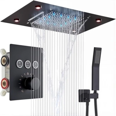 Sistema de grifo de ducha LED negro cabezal de cascada de lluvia combo grifo mezclador termostático Foto 1 de 4