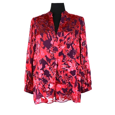 Alice + Olivia Sheila Blouse Floral Purple Red Velvet Semi Sheer V Neck Top Sz M - Image 1 of 4