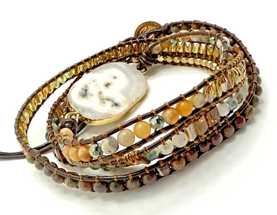 Brazalete envolvente de cuarzo solar boho piedra curativa con cuentas cuero vegano tono dorado 34" Foto 1 de 4