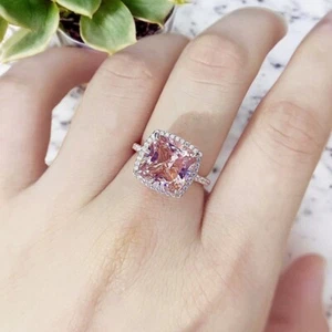 4.40 Ct Cushion Peach Morganite Lab Grown Diamond Wedding Ring 14K White Gold - Picture 1 of 6