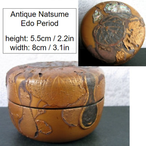 Japanese Edo Antique NATSUME Lacquer Wooden Tea Caddy Calabash Makie with Raden