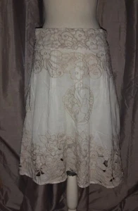 White w Beige Embroidery Peasant Skirt UK10 100% Cotton, Lined, Cottagecore Boho - Picture 1 of 9