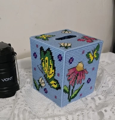 Made to Order. #2 Butterfly  Garden Plastic Canvas  Tissue Box Cover (Hand Made) - Image 1 of 3