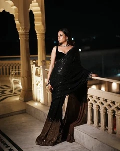 Diseñador Negro Secuencia Sari Indio Boda Lentejuelas Fiesta Ropa Bollywood Sari - Imagen 1 de 4