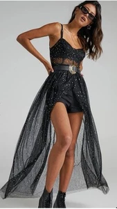Showpro Sheer Dress Stars And Moons- Maxi Tulle Sparkles Dance Party Black - Picture 1 of 7