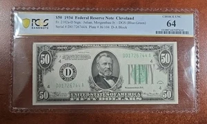 1934 $50 Federal Reserve Note Cleveland OH Fr.2102a-D PCGS CH UNC 64 - Picture 1 of 2